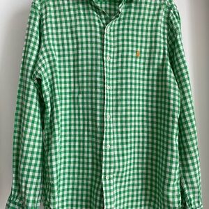 Ralph Lauren Green & White 100% Linen Relaxed Fit Gingham Button-Down Shirt